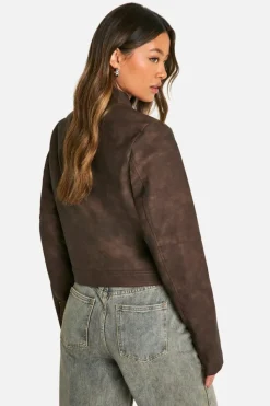 Best Sale boohoo Tall Cropped Pocket Detail Faux Leather Biker Jacket brown