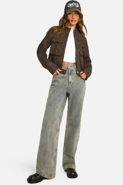 Best Sale boohoo Tall Cropped Pocket Detail Faux Leather Biker Jacket brown