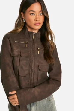 Best Sale boohoo Tall Cropped Pocket Detail Faux Leather Biker Jacket brown