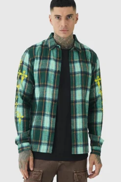 New boohooMAN Tall Cross Applique Regular Fit Checked Shirt in Green violet