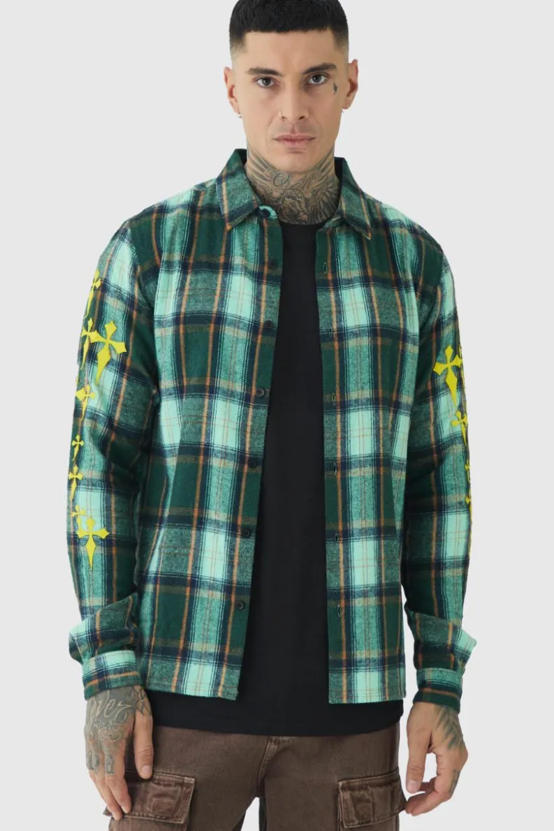 New boohooMAN Tall Cross Applique Regular Fit Checked Shirt in Green violet