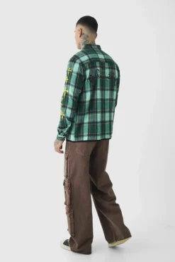 New boohooMAN Tall Cross Applique Regular Fit Checked Shirt in Green violet