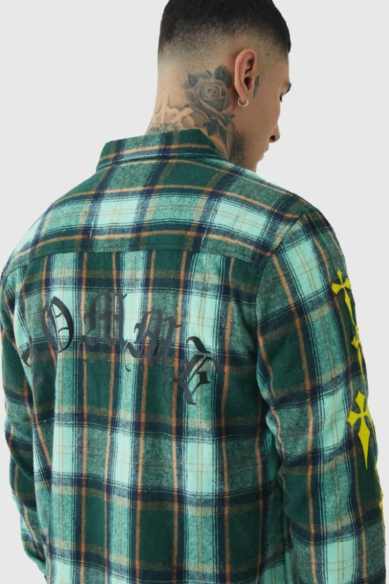New boohooMAN Tall Cross Applique Regular Fit Checked Shirt in Green violet