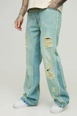 Hot boohooMAN Tall Crotch Embroidered Distressed Gusset Flared Jeans antique wash