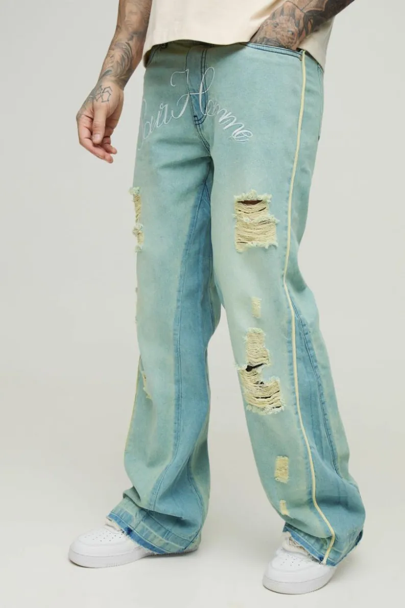Hot boohooMAN Tall Crotch Embroidered Distressed Gusset Flared Jeans antique wash