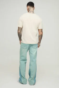 Hot boohooMAN Tall Crotch Embroidered Distressed Gusset Flared Jeans antique wash