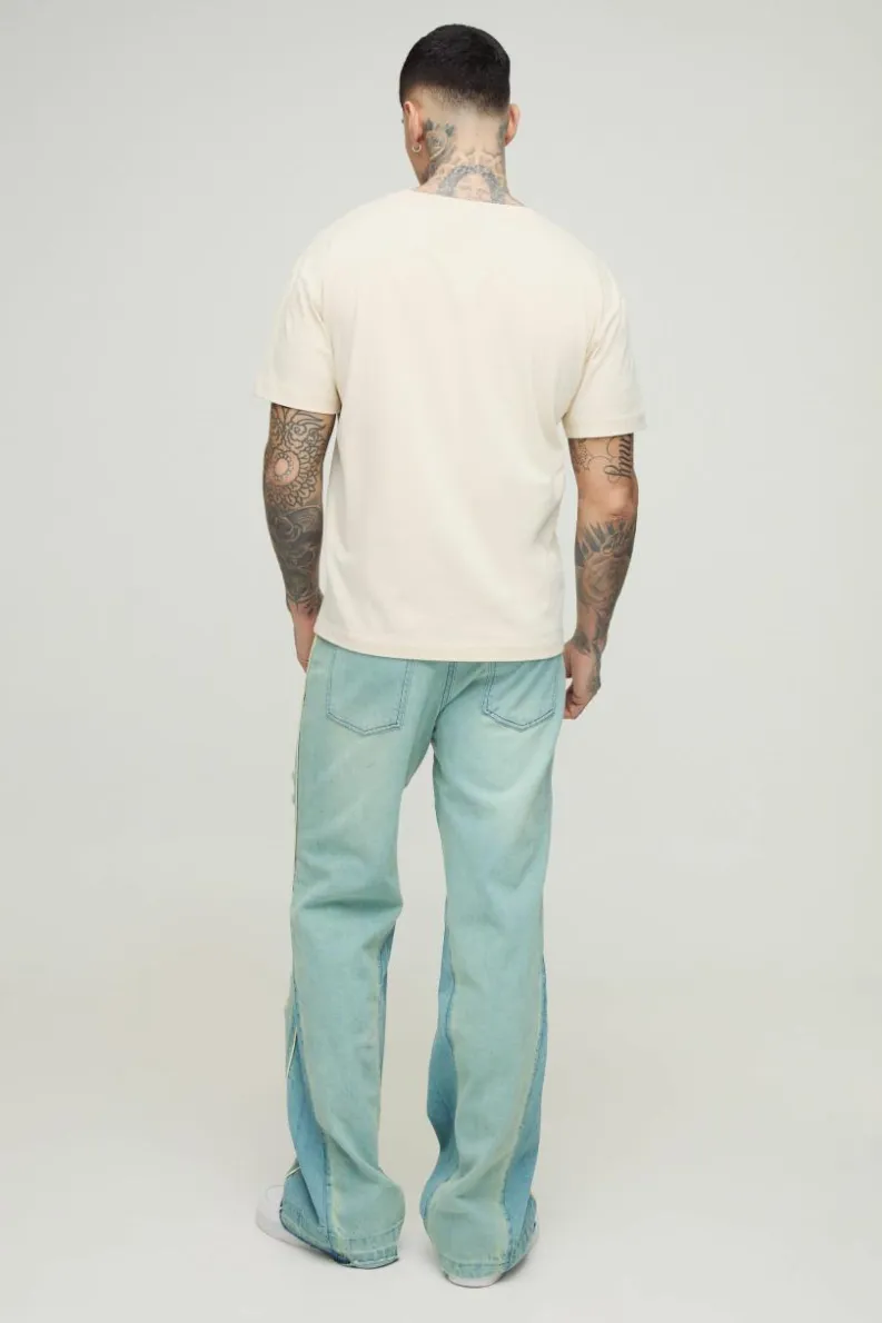 Hot boohooMAN Tall Crotch Embroidered Distressed Gusset Flared Jeans antique wash