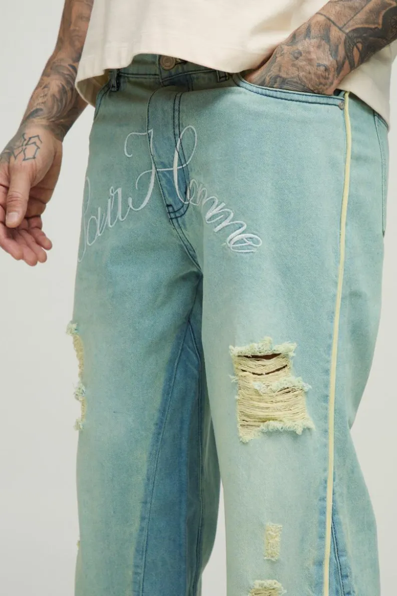 Hot boohooMAN Tall Crotch Embroidered Distressed Gusset Flared Jeans antique wash