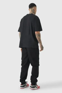 Fashion boohooMAN Tall Cuffed Hem Woven Tab Cargo Trousers In black