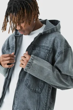 Discount boohooMAN Tall Denim Acid Wash Hoodie charcoal