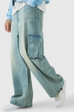 Fashion boohooMAN Tall Denim Cargo Parachute Jeans antique blue