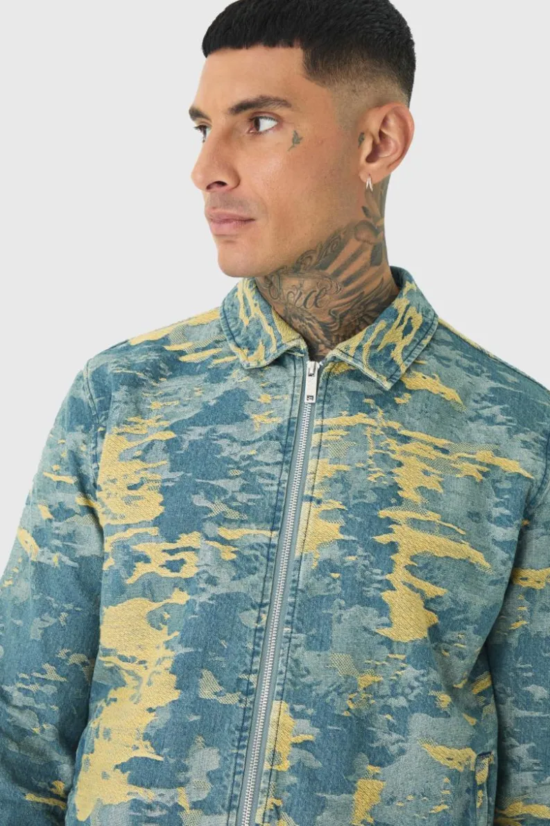 Discount boohooMAN Tall Denim Fabric Interest Harrington Jacket antique wash