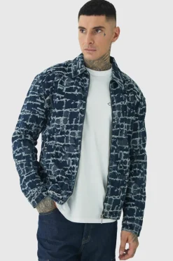 Store boohooMAN Tall Distressed Tapestry Denim Harrington Jacket indigo