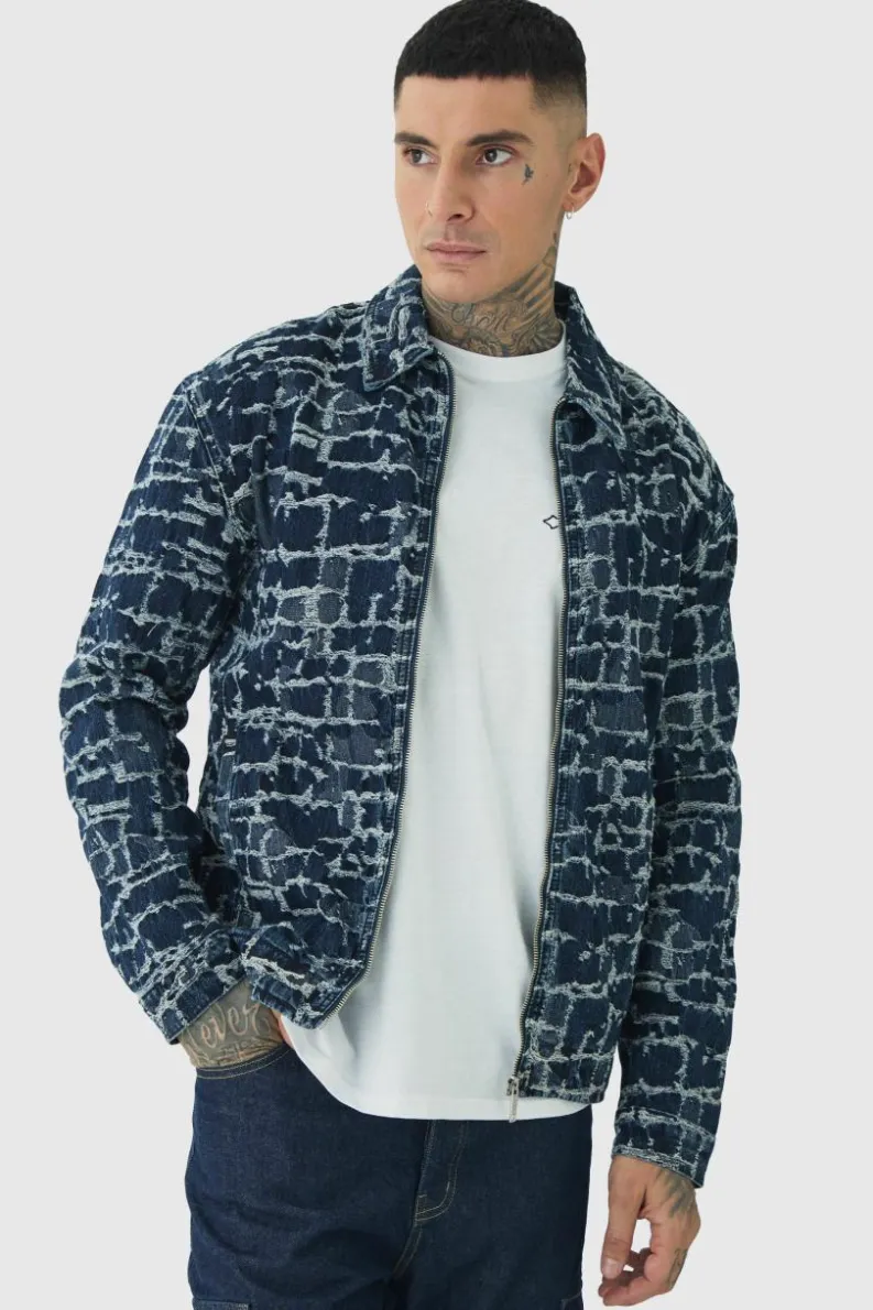 Store boohooMAN Tall Distressed Tapestry Denim Harrington Jacket indigo