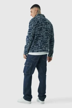 Store boohooMAN Tall Distressed Tapestry Denim Harrington Jacket indigo