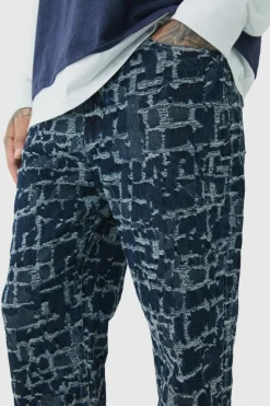 Hot boohooMAN Tall Distressed Tapestry Relaxed Fit Denim Jeans indigo