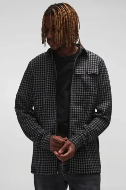Cheap boohooMAN Tall Dogtooth Jacquard Zip Through Overshirt charcoal