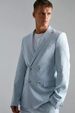 Sale boohooMAN Tall Double Breasted Skinny Linen Suit Jacket light blue