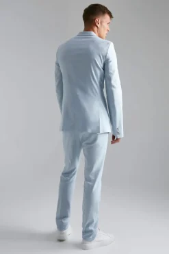 Sale boohooMAN Tall Double Breasted Skinny Linen Suit Jacket light blue