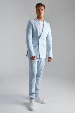 Sale boohooMAN Tall Double Breasted Skinny Linen Suit Jacket light blue
