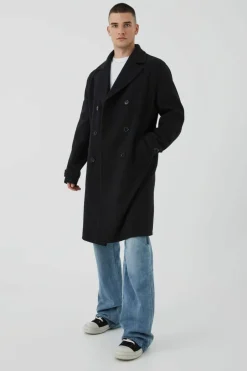Best Sale boohooMAN Tall Double Breasted Wool Look Overcoat in black
