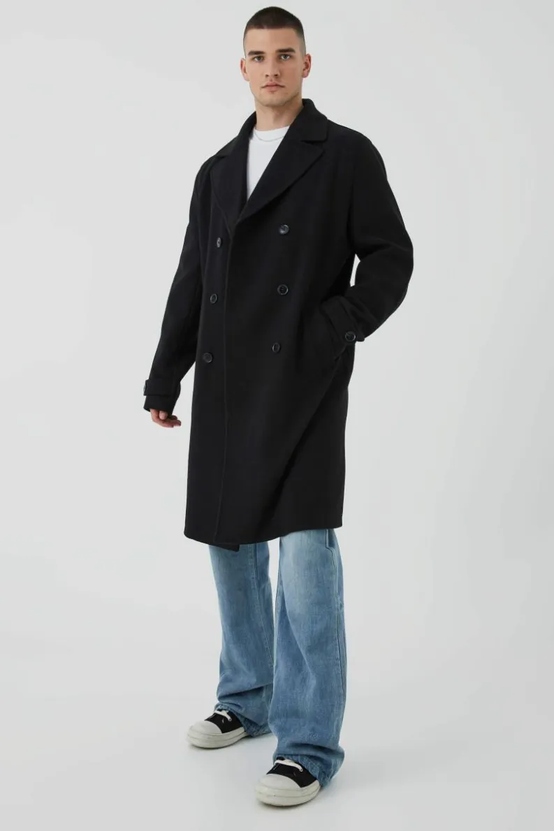 Best Sale boohooMAN Tall Double Breasted Wool Look Overcoat in black