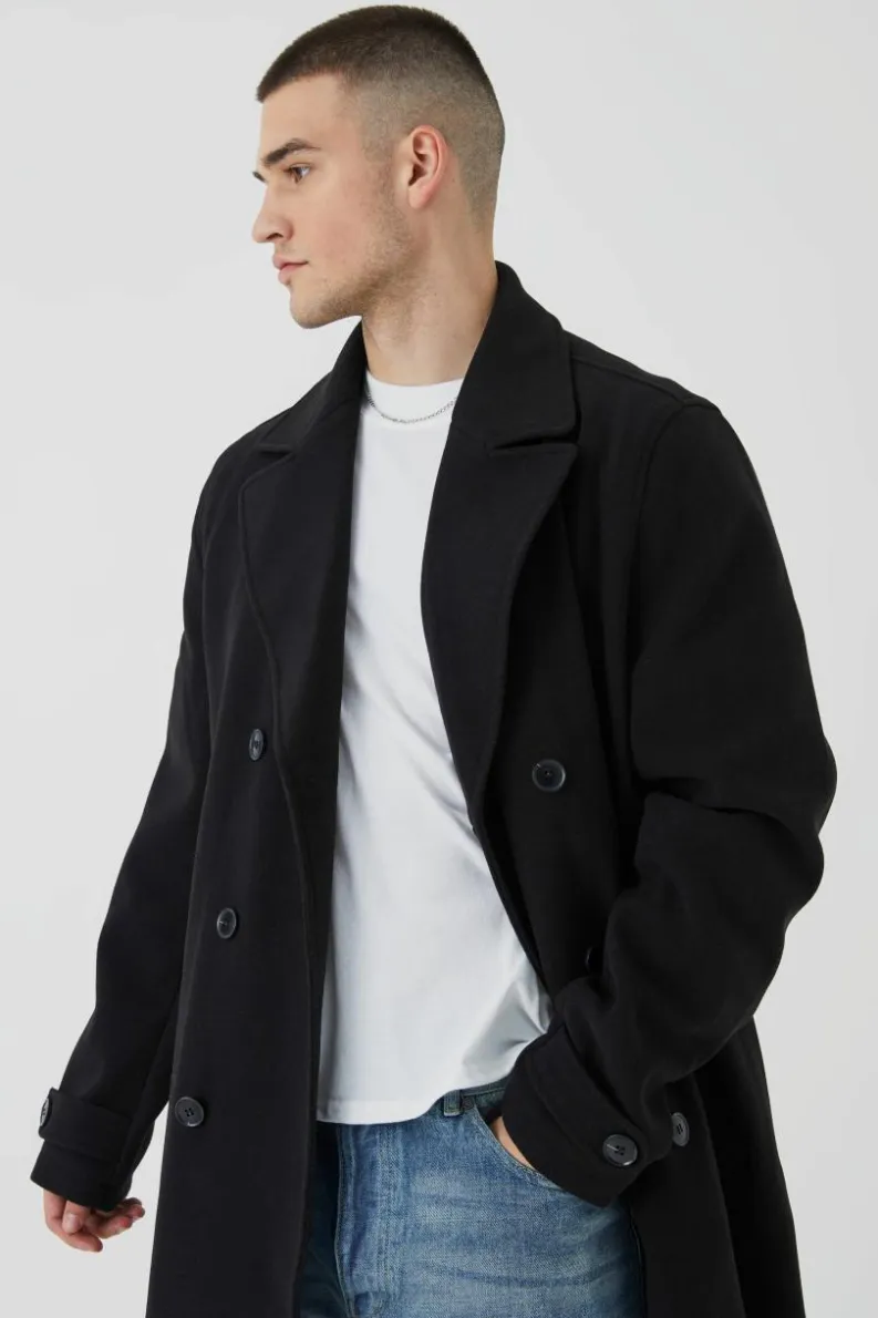 Best Sale boohooMAN Tall Double Breasted Wool Look Overcoat in black