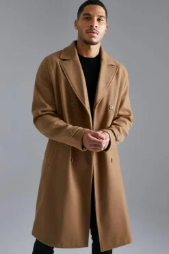 New boohooMAN Tall Double Breasted Wool Look Overcoat in camel