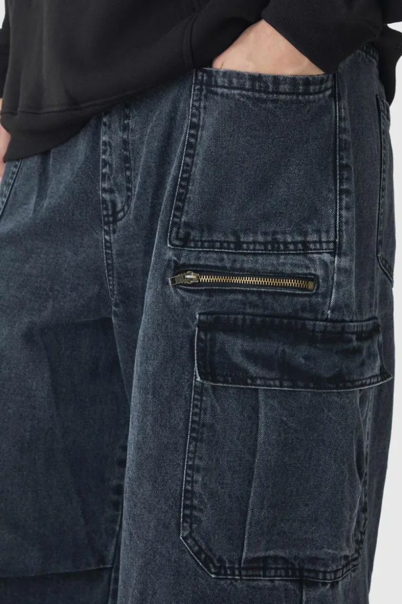Sale boohooMAN Tall Elasticated Waist Acid Wash Parachute Cargo Jeans black