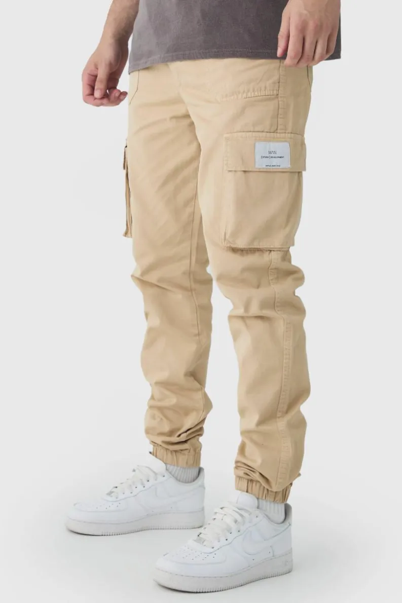 Outlet boohooMAN Tall Elasticated Waist Branded Slim Fit Cargo Jogger stone