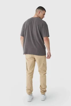 Outlet boohooMAN Tall Elasticated Waist Branded Slim Fit Cargo Jogger stone