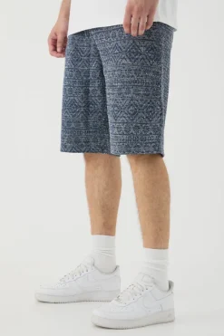 Discount boohooMAN Tall Elasticated Waist Relaxed Jacquard Abstract Shorts navy