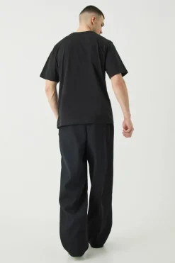 Fashion boohooMAN Tall Elasticated Waist Wide Leg Pleated Pintuck Seam Trouser black