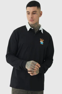 Cheap boohooMAN Tall Embroidered Rugby Polo black