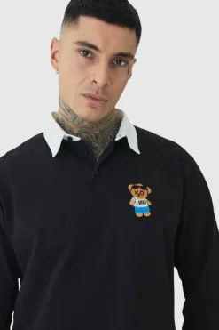 Cheap boohooMAN Tall Embroidered Rugby Polo black