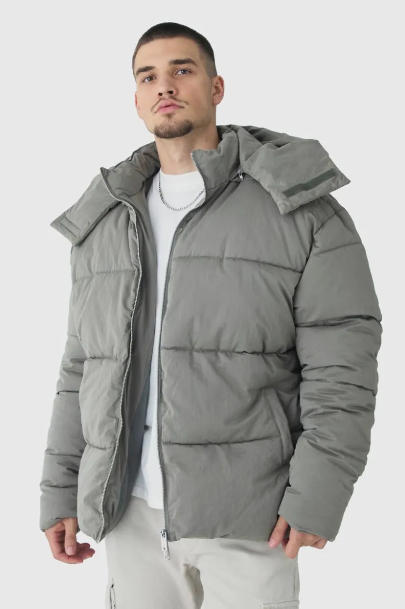 Cheap boohooMAN Tall Extended Funnel Neck Hooded Puffer Jacket In grey