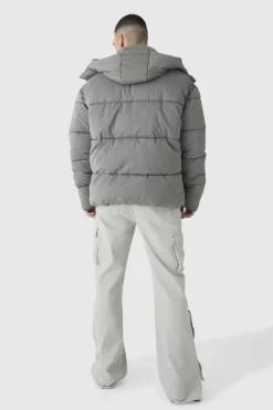 Cheap boohooMAN Tall Extended Funnel Neck Hooded Puffer Jacket In grey