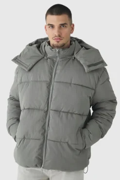 Cheap boohooMAN Tall Extended Funnel Neck Hooded Puffer Jacket In grey