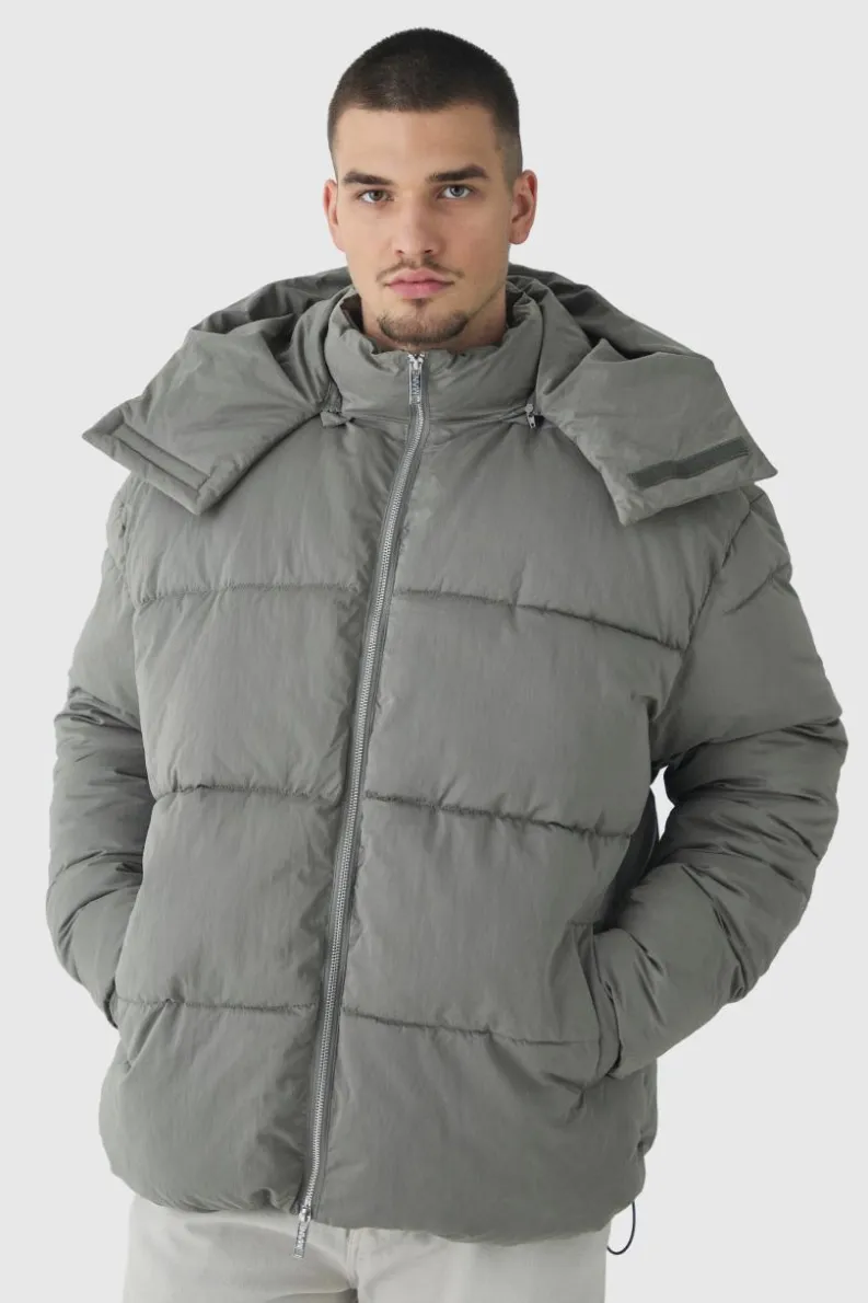 Cheap boohooMAN Tall Extended Funnel Neck Hooded Puffer Jacket In grey