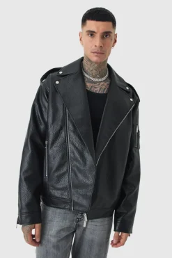 Cheap boohooMAN Tall Extreme Oversized Textured PU Biker Jacket In black
