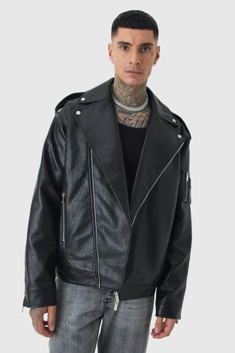 Cheap boohooMAN Tall Extreme Oversized Textured PU Biker Jacket In black
