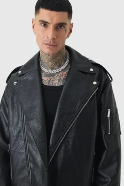 Cheap boohooMAN Tall Extreme Oversized Textured PU Biker Jacket In black