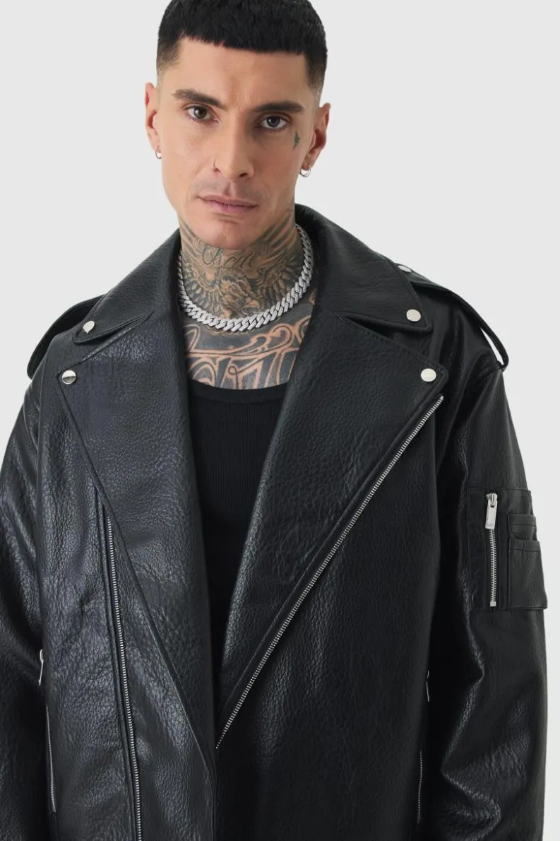 Cheap boohooMAN Tall Extreme Oversized Textured PU Biker Jacket In black