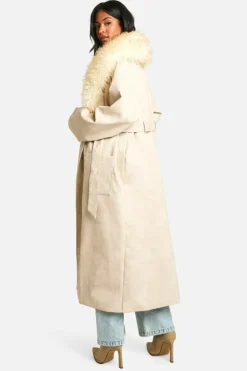Online boohoo Tall Faux Fur Collar Vintage Look Faux Leather Trench Coat stone
