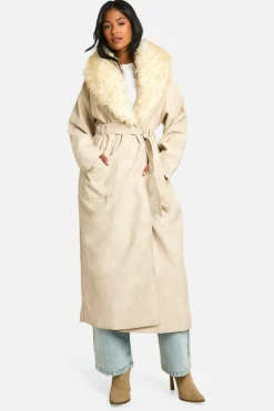 Online boohoo Tall Faux Fur Collar Vintage Look Faux Leather Trench Coat stone