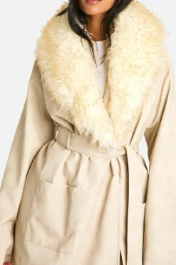 Online boohoo Tall Faux Fur Collar Vintage Look Faux Leather Trench Coat stone