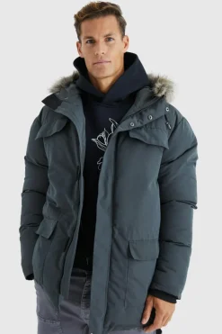 Shop boohooMAN Tall Faux Fur Hooded Arctic Parka Jacket in charcoal