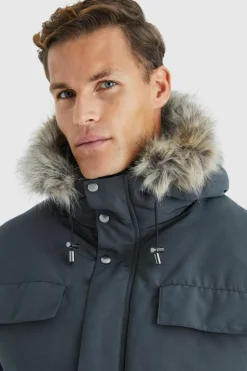 Shop boohooMAN Tall Faux Fur Hooded Arctic Parka Jacket in charcoal