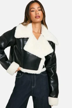 Fashion boohoo Tall Faux Fur Lined Cropped Leather Jacket black