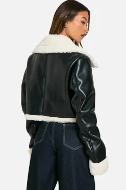 Fashion boohoo Tall Faux Fur Lined Cropped Leather Jacket black